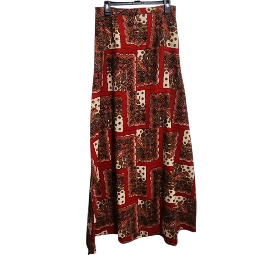 Vintage Handmade Red Corduroy Floral Paisley Hippie Boho Maxi Skirt M
